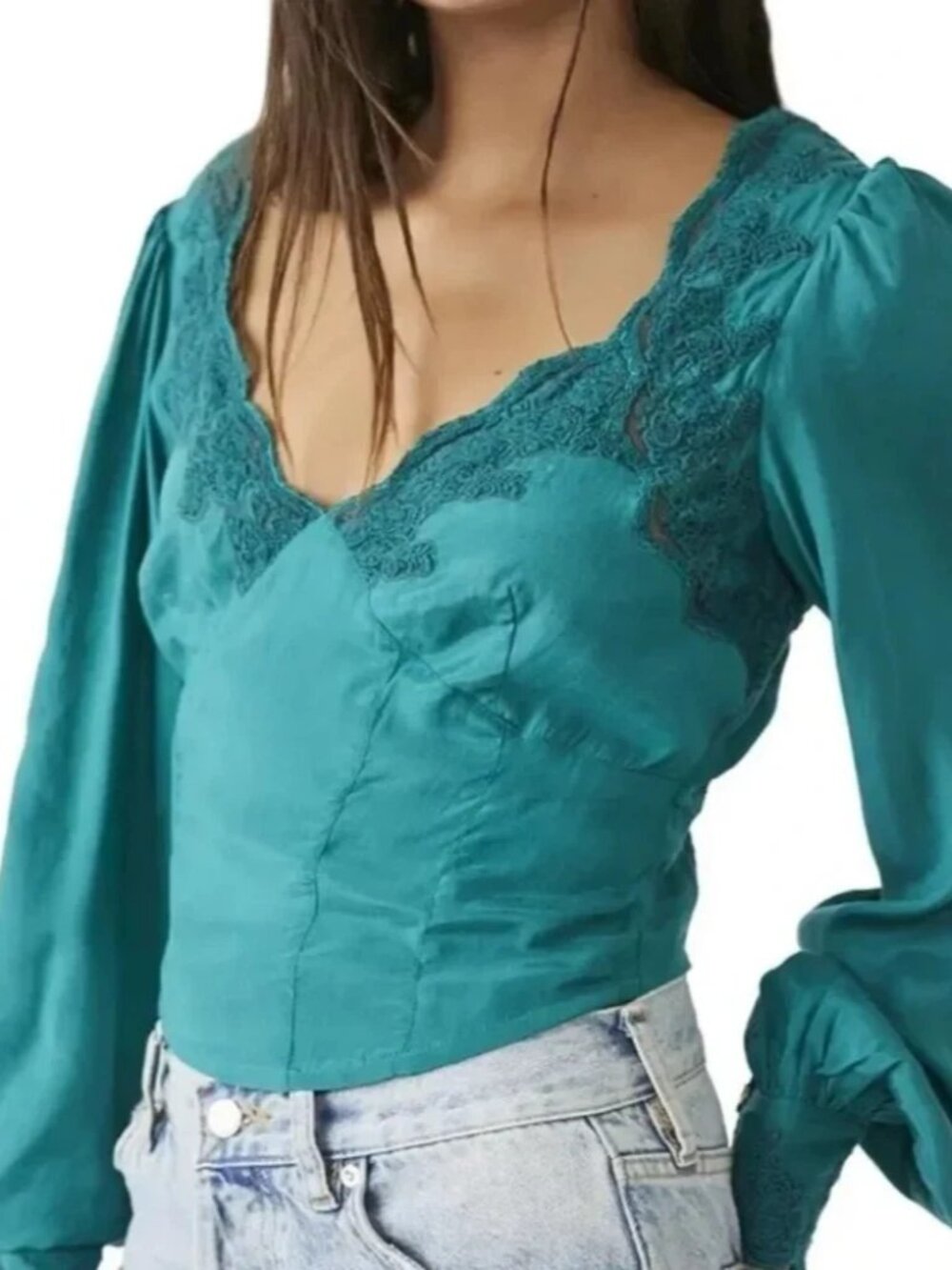 Free People Janelle Lace Top Long Sleeve Smocked Jade Green